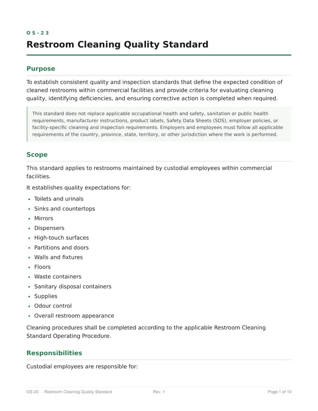 OS-23 Restroom Cleaning Quality Standard, page one