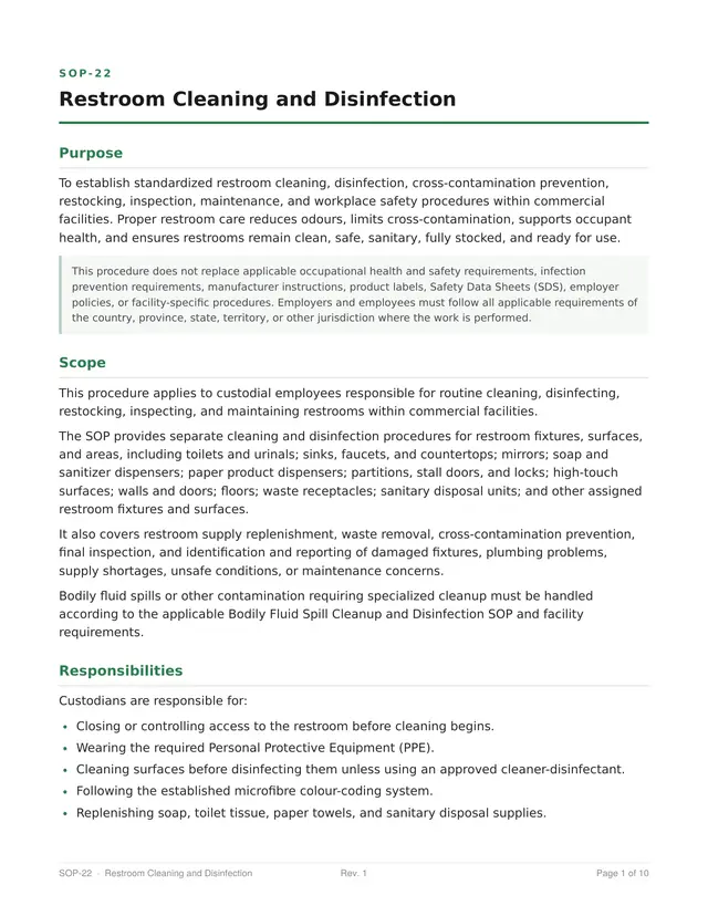 SOP-22 Restroom Cleaning and Disinfection, page one
